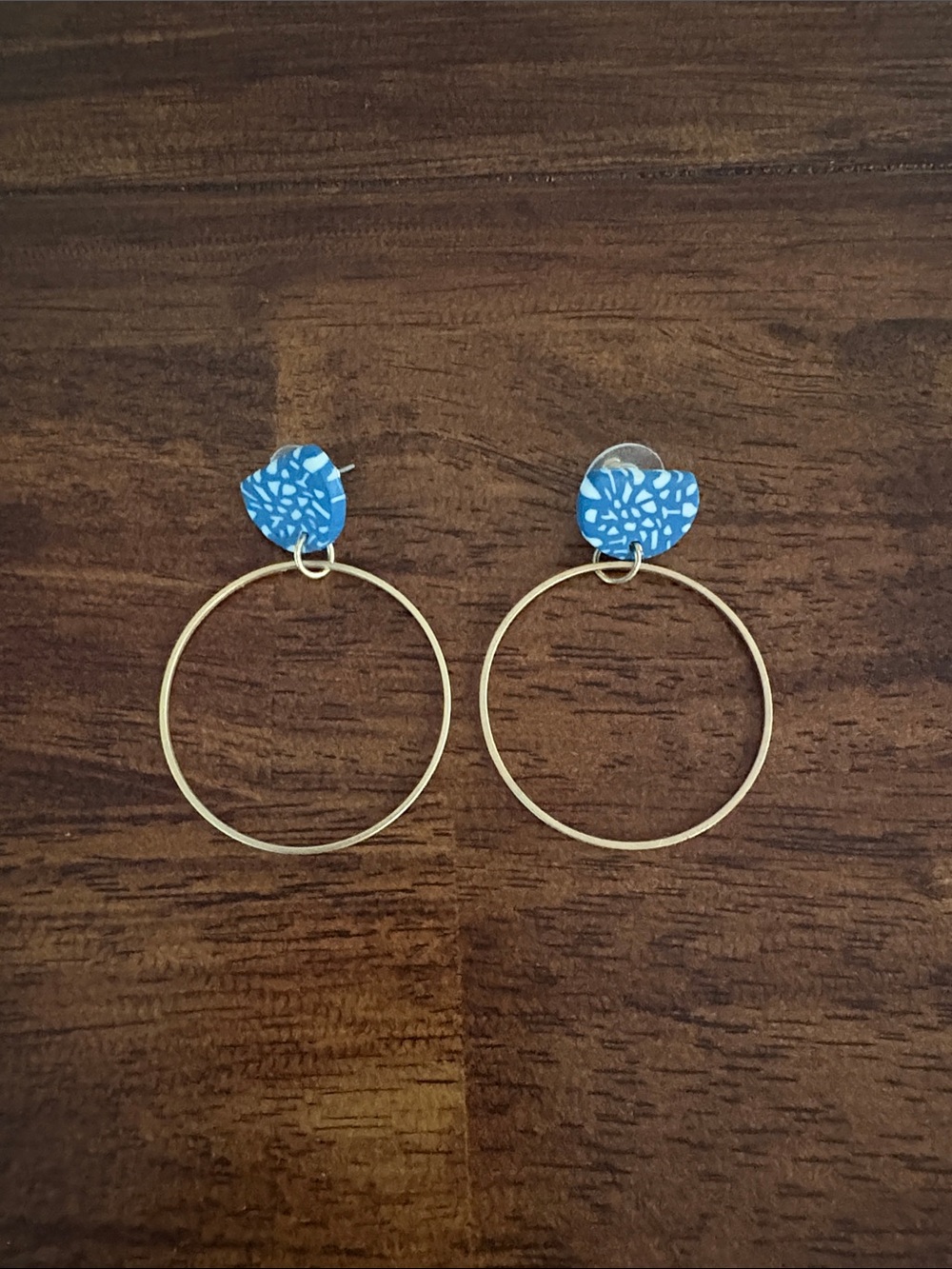 Gold Hoop Earrings with Blue Patterned Studs - Women's Fashion Jewelry